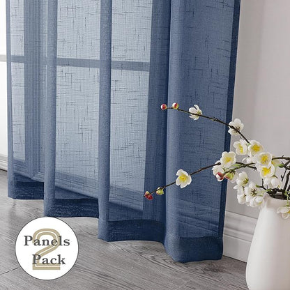 Aiyufeng Navy Blue Long Sheer Curtains - Slub Texture Semi Sheer Window Covering, Light & Airy Privacy Sheer Panels for Bedroom Living Room Patio Glass Door, 40 inch Width x 96 inch Length, Set of 2
