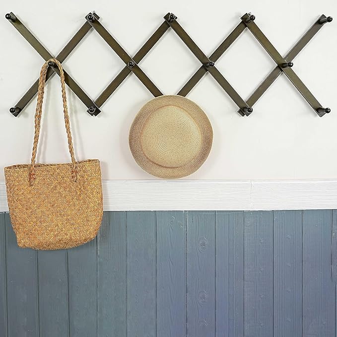 WEBI Accordion Wall Hanger,Expandable Wooden Hat Rack for Wall Mounted Coat Rack,Accordion Hat Hooks Holder for Baseball Caps,14 Peg,Dark Walnut