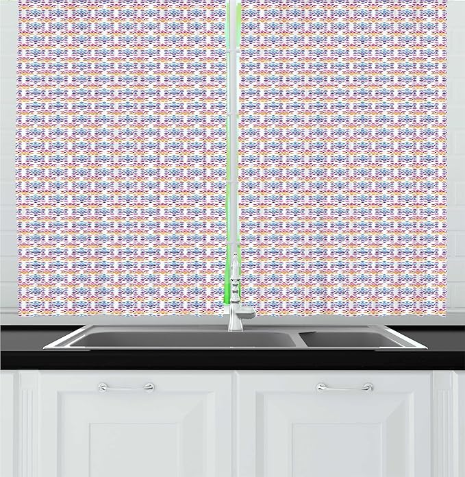 Lunarable Abstract Hippie Kitchen Curtains, Rhythmic Colorful Triangles Pattern, Window Drapes 2 Panel Set for Kitchen Cafe Decor, 55" x 24", Deep Sky Blue Blue Violet Earth Yellow and Fuchsia