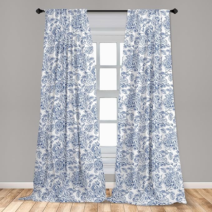 Ambesonne Rose Window Curtains, Vintage Design of Monochromatic Flowers with Leaves Drawing, Lightweight Decorative Panels Set of 2 with Rod Pocket, Pair of - 28" x 95", Pale Blue