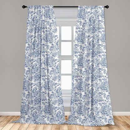 Ambesonne Rose Window Curtains Pack of 2, Vintage Design of Monochromatic Flowers with Leaves Drawing, Lightweight Set with Rod Pocket, 4 Panels of - 28" x 63", Pale Blue