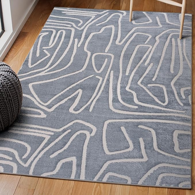JONATHAN Y Graphic Lines High-Low Indoor Area Rug 4X6 Blue/White, Alcina Modern Scandinavian for Living Room, Bedroom, Kitchen, Easy-Cleaning, High Traffic, Pet-Friendly, Non-Shedding SND102D-4