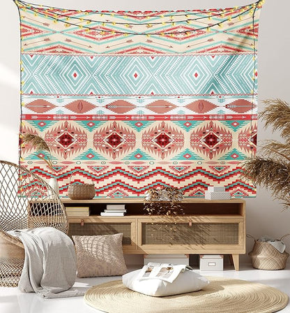 Lunarable Aztec Tapestry Queen Size, Culture Inspirations Ornamental Indigenous Chevron, Wall Hanging Bedspread Bed Cover Wall Decor, Queen Size, Turquoise Beige