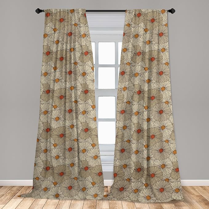 Ambesonne Vintage Window Curtains, Sketch Art Style Gerbera Daisies Abstract Flowers Autumn Garden Flourish, Lightweight Decorative Panels Set of 2 with Rod Pocket, 56" x 84", Marigold Orange