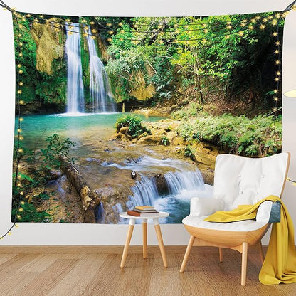 Lunarable Nature Tapestry King Size, Green Forest Waterfall and River Pool Pond Water Source Earth Landscape, Wall Hanging Bedspread Bed Cover Wall Decor, 88" X 88", Pale Brown and Green