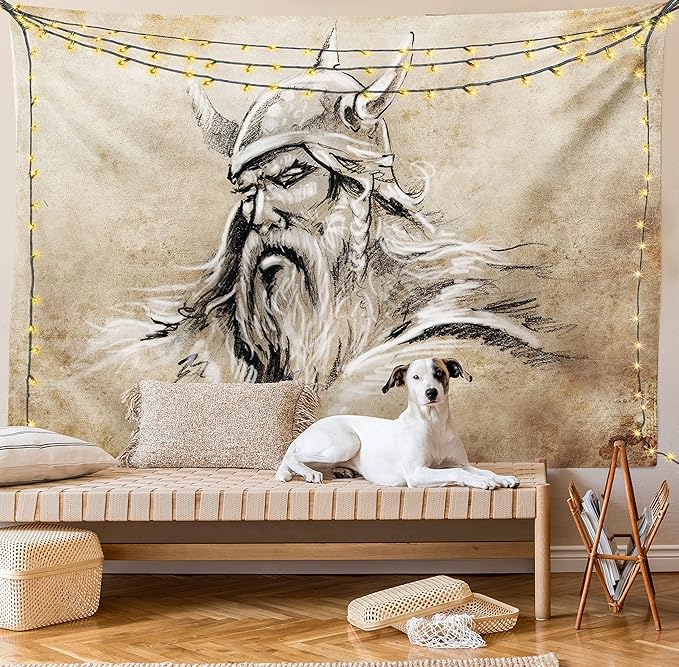 Lunarable Viking Tapestry, Sketch Style Scandinavian Warrior with Beard and Hat Masculine Portrait Tattoo, Wide Wall Hanging for Bedroom Living Room Dorm, 80" X 60", Beige Tan
