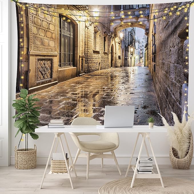 Lunarable City Tapestry, Narrow Street Gothic Design Architecture Carrer del Bisbe Barcelona Spain Europe, Wide Wall Hanging for Bedroom Living Room Dorm, 80" X 60", Tan Pale Brown