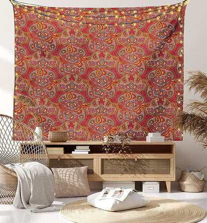 Lunarable Paisley Tapestry Twin Size, Vibrant Colored Pattern with Various Oriental Design Elements Boho Influence, Wall Hanging Bedspread Bed Cover Wall Decor, Twin Size, Ruby, 68" Width x 88" Length