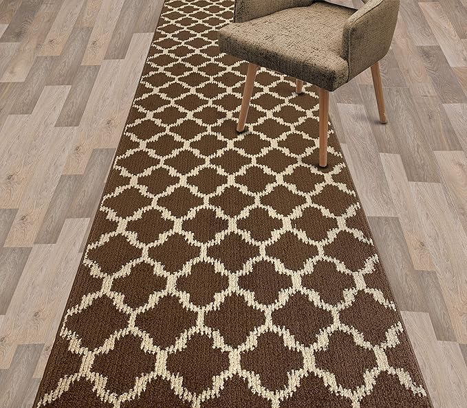 Custom Size Cut to Length Moroccan Trellis Design Runner Rug Mat For Wide Long Hallways with Non-Slip Rubber Backing, Better Traction for Pets, Prevent Slippage, Trellis Brown, 31 inch X 14 feet