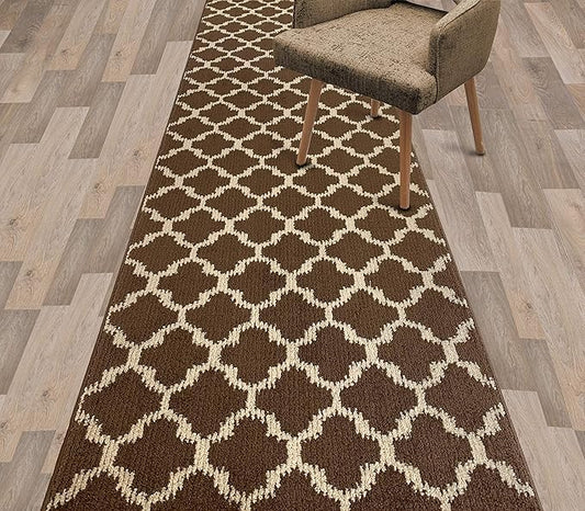 Custom Size Cut to Length Moroccan Trellis Design Runner Rug Mat For Wide Long Hallways with Non-Slip Rubber Backing, Better Traction for Pets, Prevent Slippage, Trellis Brown, 31 inch X 17 feet