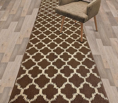 Custom Size Cut to Length Moroccan Trellis Design Runner Rug Mat For Wide Long Hallways with Non-Slip Rubber Backing, Better Traction for Pets, Prevent Slippage, Trellis Brown, 31 inch X 5 feet