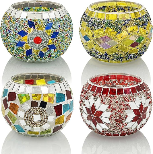SHMILMH Glass Candle Holder Set of 4, Diwali Gift Votive Candle Holders Handmade Mosaic Glass Tealight Holders Diwali Christmas Table Decorations for Home
