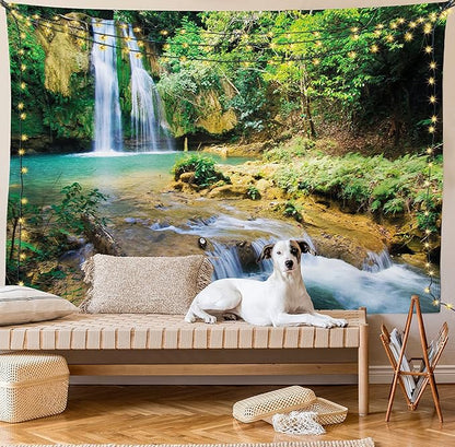 Lunarable Nature Tapestry King Size, Green Forest Waterfall and River Pool Pond Water Source Earth Landscape, Wall Hanging Bedspread Bed Cover Wall Decor, 104" X 88", Pale Brown and Green