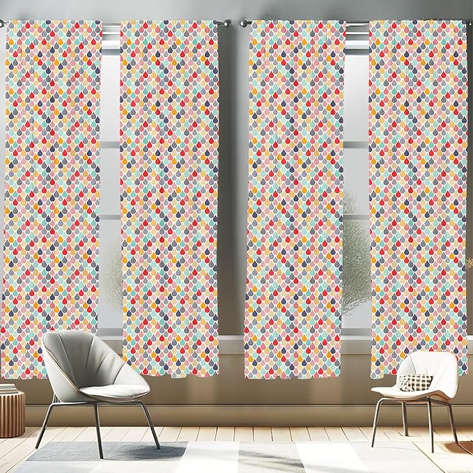 Ambesonne Geometric Window Curtains Pack of 2, Raindrops Doodle Style Creative Leaf Shaped Colorful Girls Theme, Lightweight Set with Rod Pocket, 4 Panels of - 28" x 84", Teal Coral