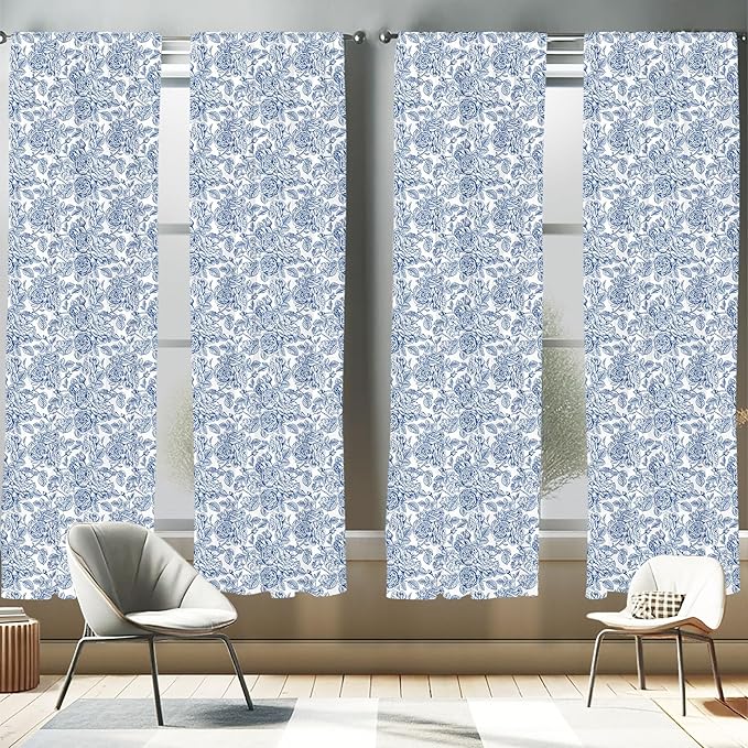 Ambesonne Rose Window Curtains Pack of 2, Vintage Design of Monochromatic Flowers with Leaves Drawing, Lightweight Set with Rod Pocket, 4 Panels of - 28" x 63", Pale Blue