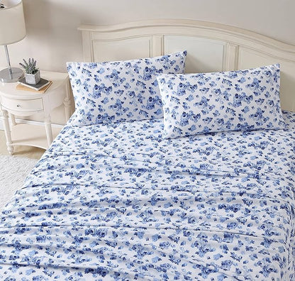 Laura Ashley - Flannel Sheets King Size, Anti-Pilling & Wrinkle Resistant Cotton, Touchably Soft for All-Season Comfort - Bed Sheets with Matching Pillowcases & Fitted Sheet (Emelisa Blue)