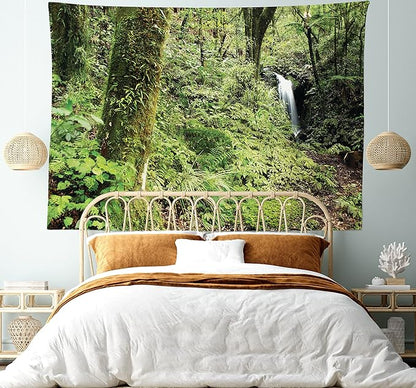 Lunarable Woodland Tapestry King Size, Waterfall in Deep Forest Scenery in The Woods Green of Earth Covering Plants, Wall Hanging Bedspread Bed Cover Wall Decor, King Size, Forest Green