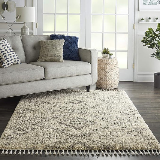 Nourison Home Scandinavian Shag Ivory/Grey 5'3" x 7'9" Area Rug, Easy Clean, Non Shedding, Bed Room, Living Room, Dining Room, Kitchen (5x8)
