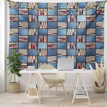 Lunarable Geometric Tapestry King Size, Quilt Design with Scraps of Denim and Knit Graphic Colorful Melange Print, Wall Hanging Bedspread Bed Cover Wall Decor, King Size, Blue