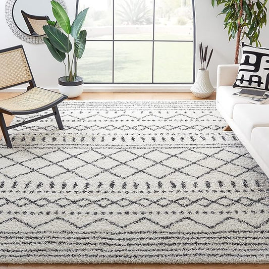 SAFAVIEH Arizona Shag Collection Area Rug - 9' x 12', Ivory & Black, Moroccan Design, Non-Shedding & Easy Care, 1.6-inch Thick Ideal for High Traffic Areas in Living Room, Bedroom (ASG741Z)
