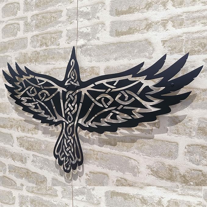KAWA METALWORKS Nordic Viking Raven Metal Wall Art Decor, Norse Mythology Sculpture, Odin's Raven Wall Decor (White, Small - 10.2" x 18" H x W)