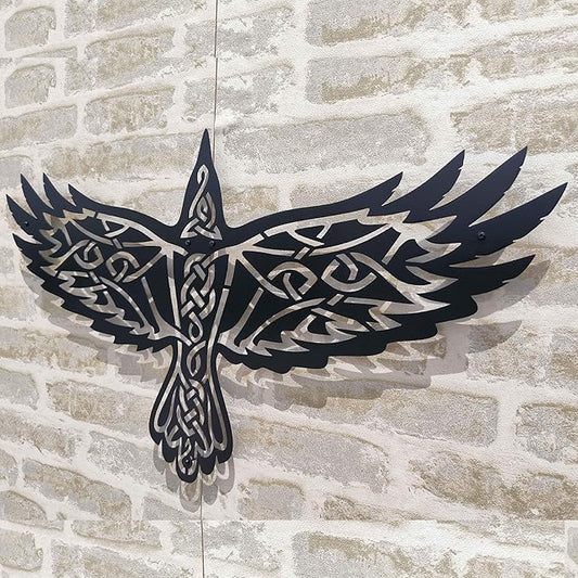 KAWA METALWORKS Nordic Raven Metal Viking Wall Art Decor, Norse Mythology Wall Sculpture (Black, Large - 20.4" x 36" (H x W))
