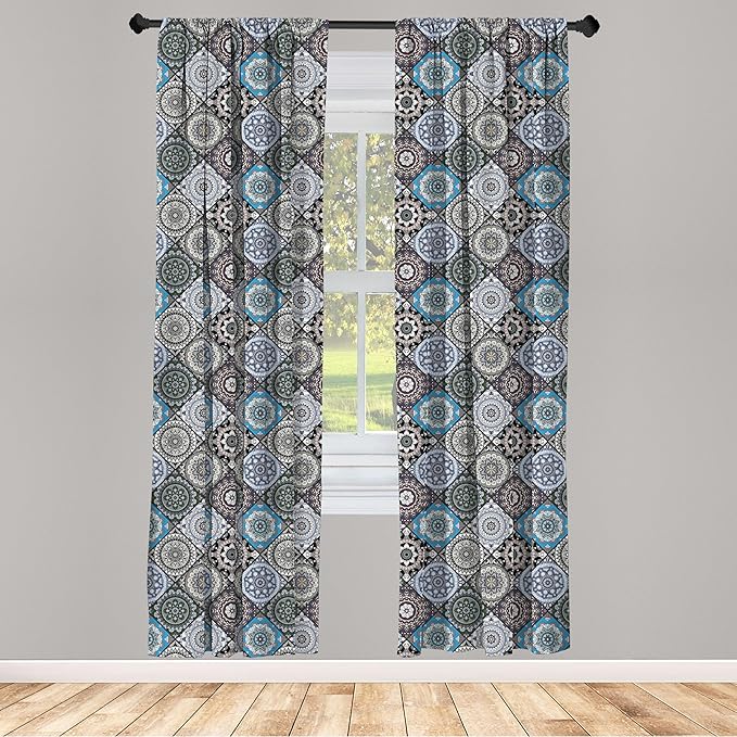 Ambesonne Moroccan Curtains, Detailed Flower Designs with Checkered Pattern and Antique Cultural Inspirations, Window Treatments 2 Panel Set for Living Room Bedroom, Pair of - 28" x 84", Blue Black