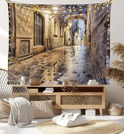 Lunarable City Tapestry, Narrow Street Gothic Design Architecture Carrer del Bisbe Barcelona Spain Europe, Wide Wall Hanging for Bedroom Living Room Dorm, 60" X 40", Tan Pale Brown