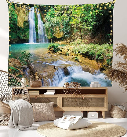 Lunarable Nature Tapestry King Size, Green Forest Waterfall and River Pool Pond Water Source Earth Landscape, Wall Hanging Bedspread Bed Cover Wall Decor, 23" X 28", Pale Brown and Green