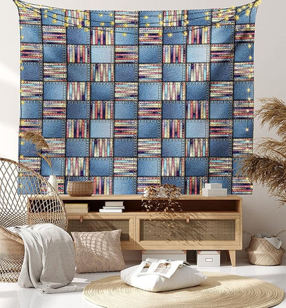 Lunarable Geometric Tapestry King Size, Quilt Design with Scraps of Denim and Knit Graphic Colorful Melange Print, Wall Hanging Bedspread Bed Cover Wall Decor, King Size, Blue