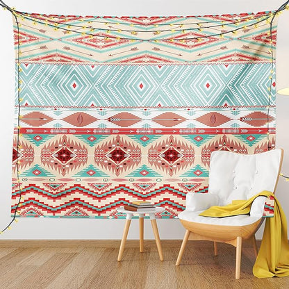 Lunarable Aztec Tapestry Queen Size, Culture Inspirations Ornamental Indigenous Chevron, Wall Hanging Bedspread Bed Cover Wall Decor, Queen Size, Turquoise Beige