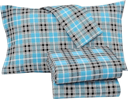 RUVANTI Flannel Sheets Queen Size - 100% Cotton Double Brushed Bed Sheets, Deep Pockets 16 Inches Queen Sheet Set, All Seasons Breathable & Extra Soft - Warm & Cozy, 4 Piece, Teal Plaid