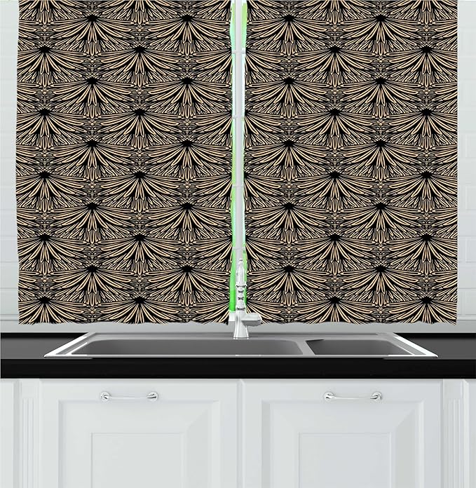 Lunarable Vintage Kitchen Curtains, Art Deco Inspired Pattern with Leafy Details Classic Antique Layout, Window Drapes 2 Panel Set for Kitchen Cafe Decor, 55" x 24", Charcoal Grey and Ecru