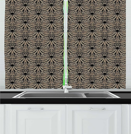 Lunarable Vintage Kitchen Curtains, Art Deco Inspired Pattern with Leafy Details Classic Antique Layout, Window Drapes 2 Panel Set for Kitchen Cafe Decor, 55" x 24", Charcoal Grey and Ecru