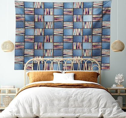Lunarable Geometric Tapestry King Size, Quilt Design with Scraps of Denim and Knit Graphic Colorful Melange Print, Wall Hanging Bedspread Bed Cover Wall Decor, King Size, Blue