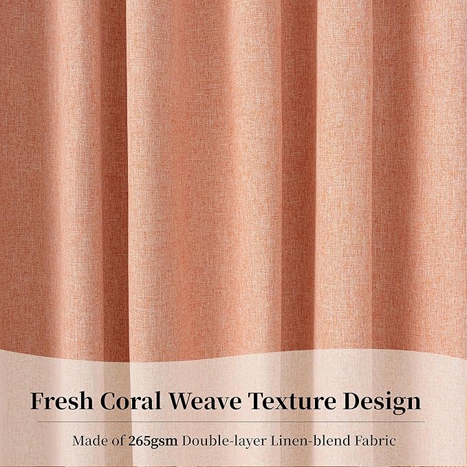 KangBang Coral Blackout Curtains 9FT Long Hook Belt Rod Pocket Black Out Linen Curtains Pinch Pleated Drapes for Cottage High Ceiling, Natural Drapes with Hooks for Track, 52x108, 2 Panels