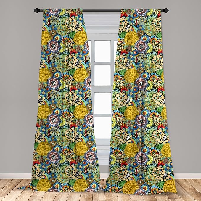Ambesonne Garden Art Window Curtains, Whimsical Florist Pattern with Doodle Funny Plants Rich Summer Nature, Lightweight Decor 2-Panel Set with Rod Pocket, Pair of - 28" x 63", Multicolor