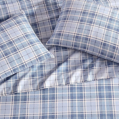 Laura Ashley - Flannel Sheets King Size, Anti-Pilling & Wrinkle Resistant Cotton, Touchably Soft for All-Season Comfort - Bed Sheets with Matching Pillowcases & Fitted Sheet (Mulholland Plaid Blue)