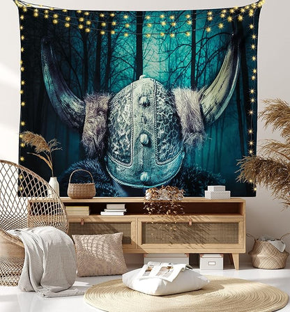 Lunarable Viking Tapestry, Barbarian Warrior Head with Horns in Mystical Scandinavian Forest, Wide Wall Hanging for Bedroom Living Room Dorm, 80" X 60", Petrol Blue Sand Brown