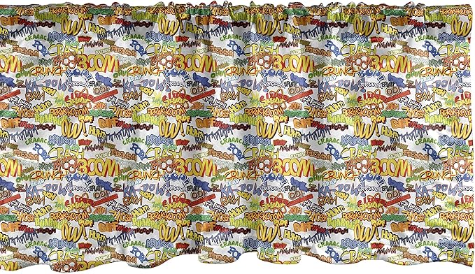 Lunarable Superhero Window Valance, Retro Comic Book Expressions Humor Cartoon Scream Crash Pow Vintage Design, Curtain Valance for Kitchen Bedroom Decor with Rod Pocket, 54" X 18", Red Yellow