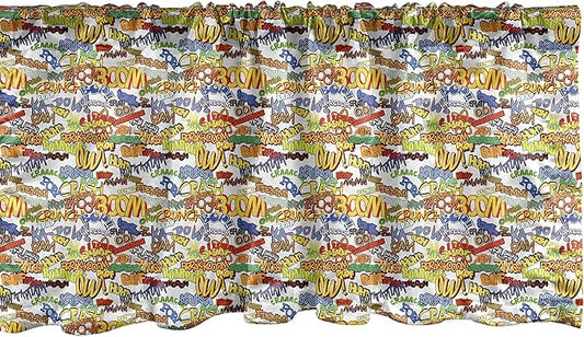 Lunarable Superhero Window Valance, Retro Comic Book Expressions Humor Cartoon Scream Crash Pow Vintage Design, Curtain Valance for Kitchen Bedroom Decor with Rod Pocket, 54" X 18", Red Yellow