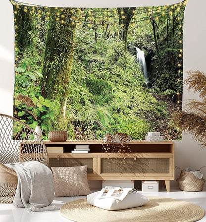 Lunarable Woodland Tapestry King Size, Waterfall in Deep Forest Scenery in The Woods Green of Earth Covering Plants, Wall Hanging Bedspread Bed Cover Wall Decor, King Size, Forest Green