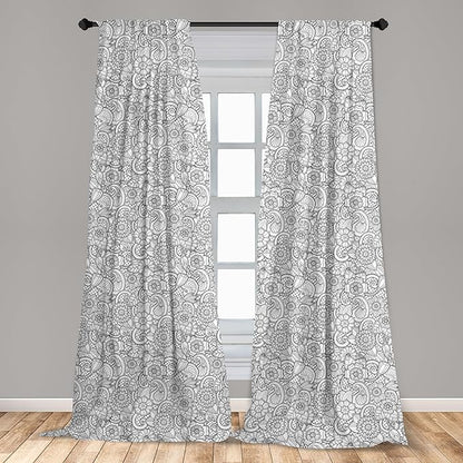 Ambesonne Black and White Window Curtains, Paisley Design with Sketch Style Flowers Leaves on Monochrome Background, Decor 2-Panel Set with Rod Pocket, Pair of - 28" x 84", White and Charcoal