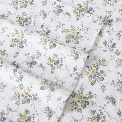 Laura Ashley - Flannel Sheets Queen Size, Anti-Pilling & Wrinkle Resistant Cotton, Touchably Soft for All-Season Comfort - Bed Sheets with Matching Pillowcases & Fitted Sheet (Le Fleur Cottage Blue)