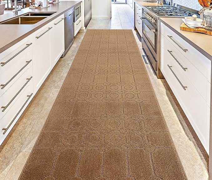 Custom Size Modern Abstract Floor Carpet Runner Rug for Hallways, Slip Resistant Latex Rubber Backed, 31 inch Wide X Customized Length, Art Gold Tan, 31 inch X 20 feet