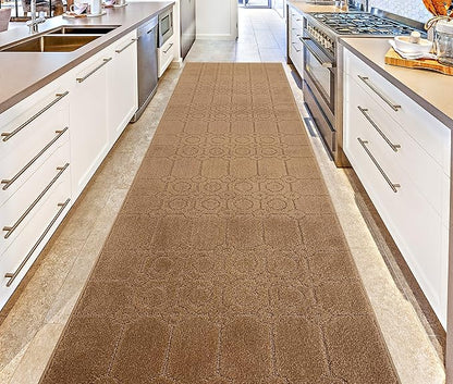 Custom Size Modern Abstract Floor Carpet Runner Rug for Hallways, Slip Resistant Latex Rubber Backed, 31 inch Wide X Customized Length, Art Gold Tan, 31 inch X 13 feet