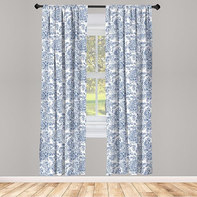 Ambesonne Rose Window Curtains Pack of 2, Vintage Design of Monochromatic Flowers with Leaves Drawing, Lightweight Set with Rod Pocket, 4 Panels of - 28" x 63", Pale Blue