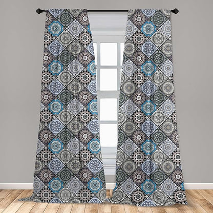 Ambesonne Moroccan Curtains, Detailed Flower Designs with Checkered Pattern and Antique Cultural Inspirations, Window Treatments 2 Panel Set for Living Room Bedroom, Pair of - 28" x 95", Blue Black