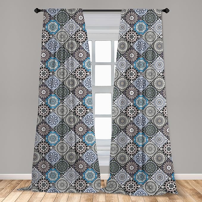 Ambesonne Moroccan Curtains, Detailed Flower Designs with Checkered Pattern and Antique Cultural Inspirations, Window Treatments 2 Panel Set for Living Room Bedroom, Pair of - 28" x 84", Blue Black