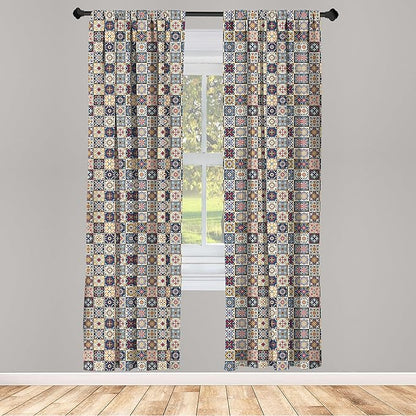 Ambesonne Moroccan Window Curtains, Portuguese Azulejo Checkered Squares Colorful Pattern Floral Arrangement, Lightweight Decor 2-Panel Set with Rod Pocket, Pair of - 28" x 84", Dark Blue Amber Red